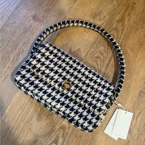 Black and White Houndstooth Shoulder Bag with Turn-Lock Closure
